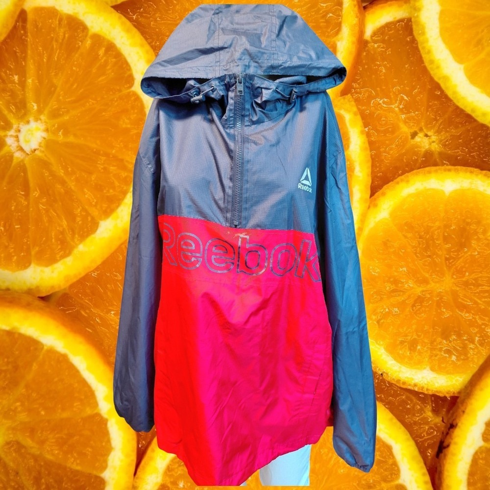 Reebok Windbreaker Pullover Jacket Womens XL Hooded Gray Red‎ Activewear